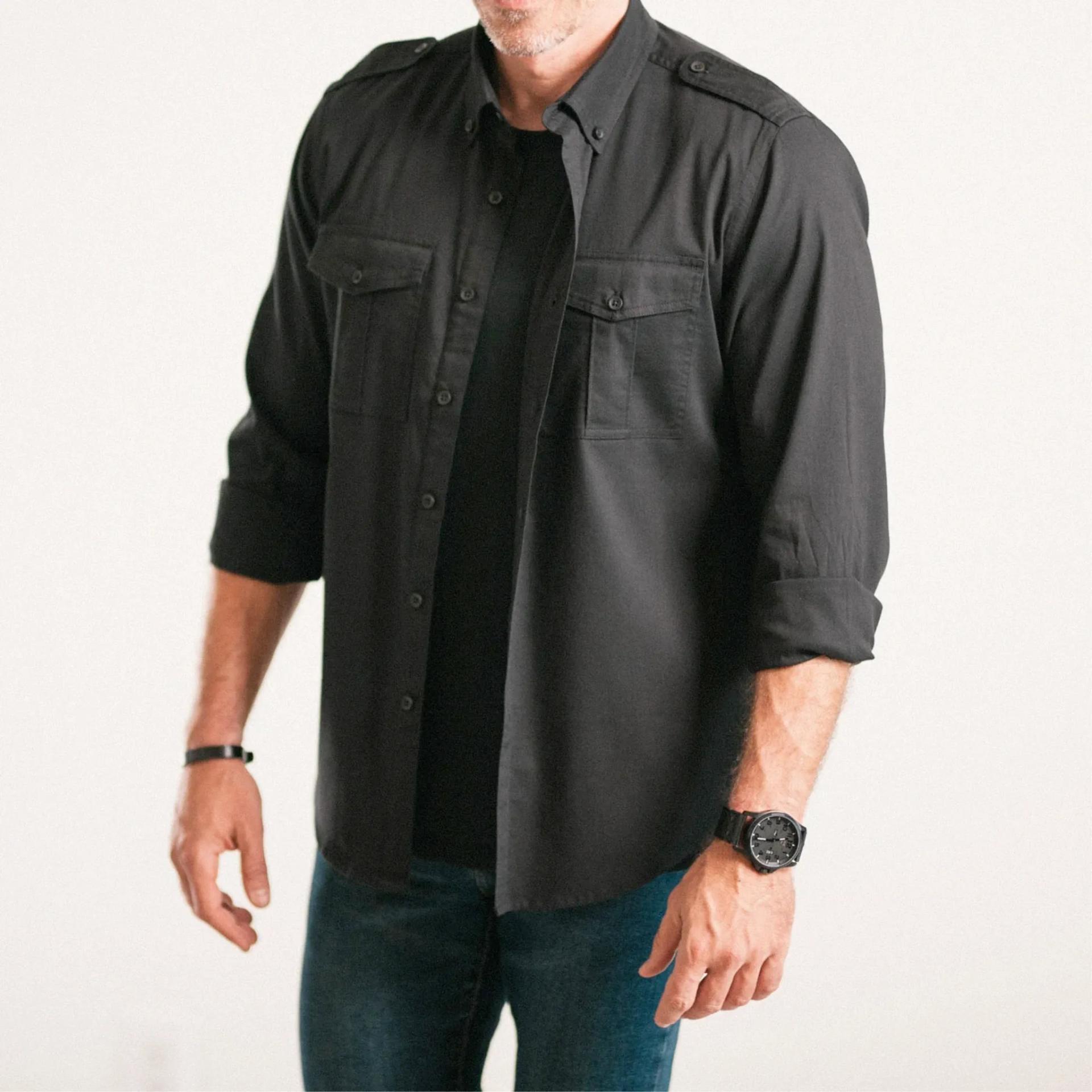 Black Twill Shoulder Flaps Utility Shirt - alternate view